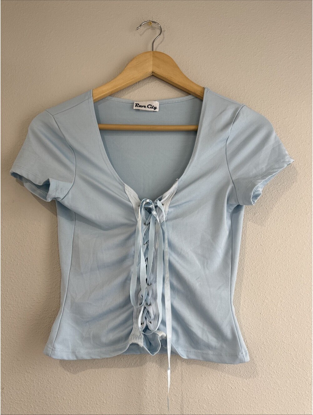 Vintage 1990s/Y2K light blue lace-up baby tee  Rave City  Women Small, Teen L